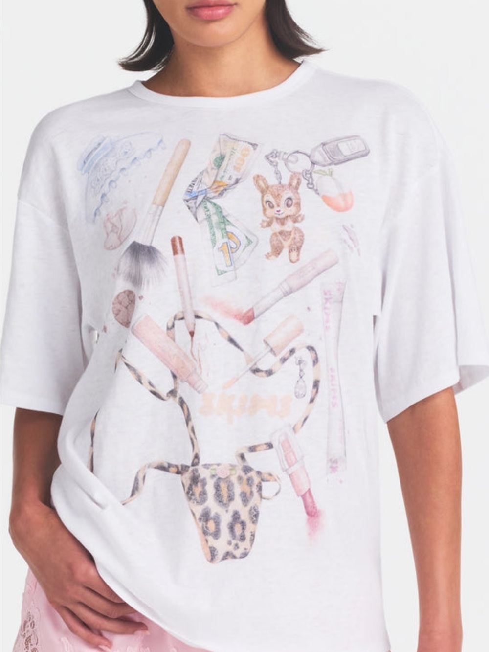 SKIMS White Short-Sleeve Tee with Pastel Makeup & Leopard Motif